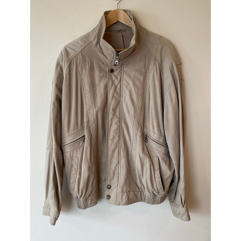 Echtes Leder Long Sleeve Stand Collar Zip Up Moto Biker Jacket Tan Men's Size 58